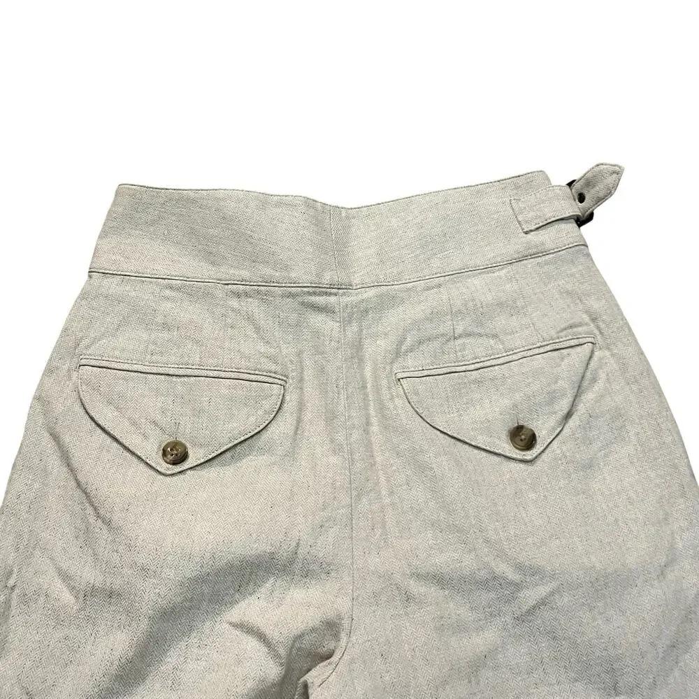 Banana Republic Seafarer Pants 4 Cream Herringbone Linen Blend Belted Pleated